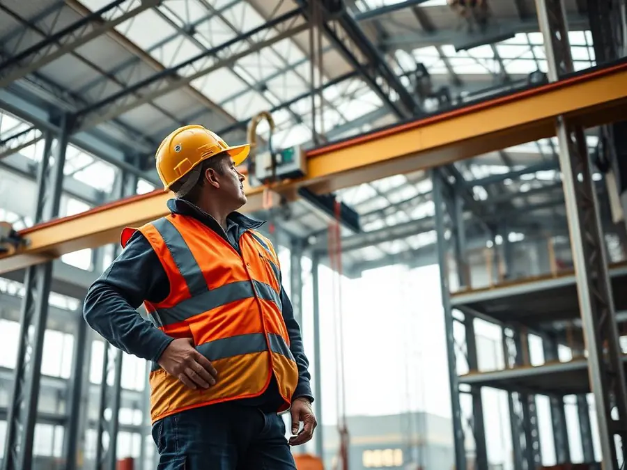 Site supervisor coordinating crane runway steel installation in a building under construction