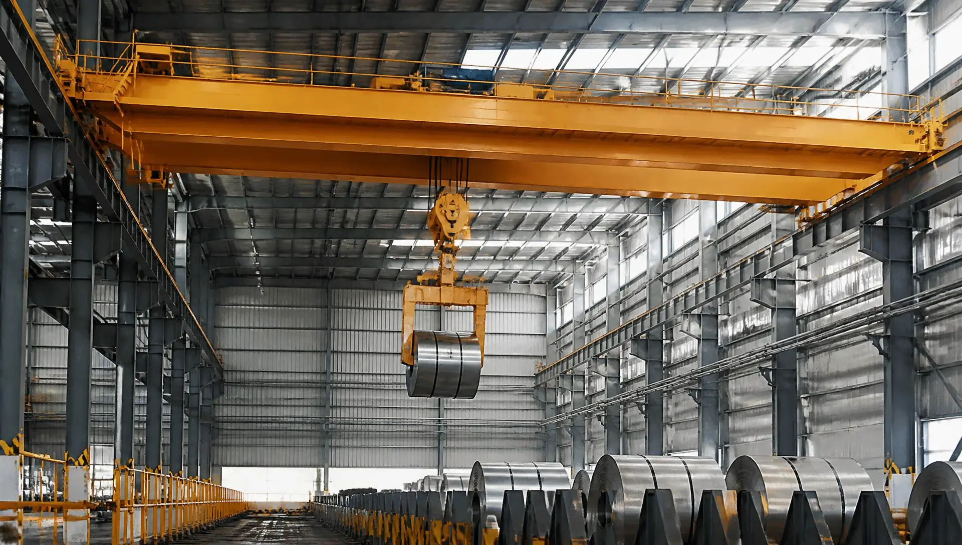 Top-running double-girder overhead bridge crane spanning a heavy-industrial facility